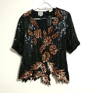 Stenay black cinema vintage kleo 80's leaf sequin party dress top